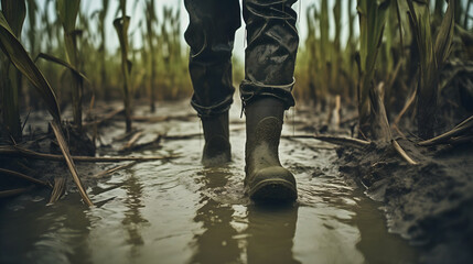 Low angle photography of a farmer man wearing olive green boots, walking through the muddy corn field after the water or river flood. Destroyed agricultural soil, damaged countryside crops or plants - obrazy, fototapety, plakaty
