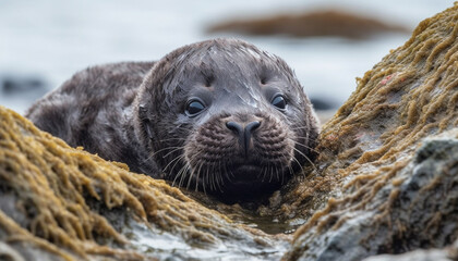 Naklejka premium Cute seal pup resting on the coastline, looking at camera generated by AI