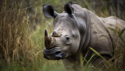 Large mammal grazing in the African savannah, close up portrait of rhinoceros generated by AI
