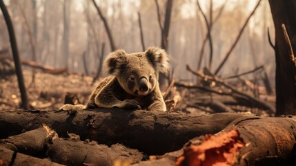 distressed koala in a bushfire-ravaged landscape, symbolizing wildfire impact generative ai