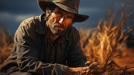 Fototapeta premium Resilience in Adversity: Portrait of a Farmer in a Drought-Affected Region Holding Dry Soil, Reflecting the Challenges and Determination in Agriculture
