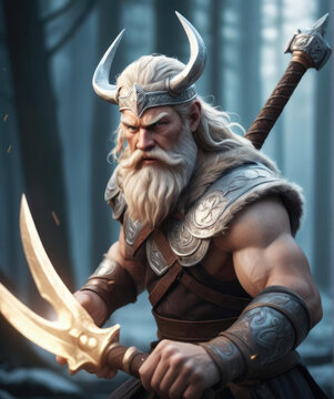 Freyr - Nordic god in a dynamic action scene with his magical sword, rendered in vibrant 3D photorealistic textures Gen AI