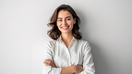 Successful Businesswoman. Positive Lady Smiling At Camera Standing Crossing Hands On White Studio Background. Isolated