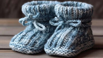 Blue knitted baby booties, a cozy and cute homemade craft generated by AI