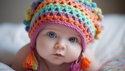 Cute baby girl smiling, wearing a colorful knit hat in winter generated by AI