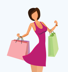 Illustration of lady with shopping bag coming from sale