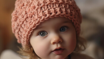 Cute baby boy smiling in winter, wearing a knit cap generated by AI