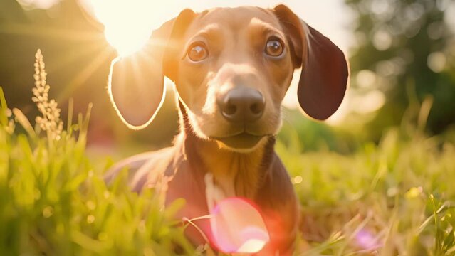 A medium shot of a small tan dachshund its back legs planted firmly in the grass as its eyes gaze eagerly upwards.