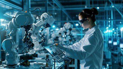 Technical Industrial Engineer working and control robotics with monitoring system software and icon industry network connection on tablet. AI, Artificial Intelligence