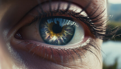 Naklejka premium Close up of a young woman beautiful blue green eye staring at camera generated by AI