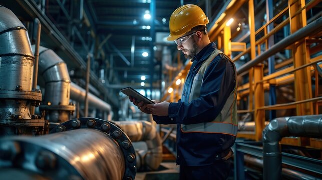 Technician engineer working in industrial plant by checking valve pipe, operation engineer working in industrial plant with tablet