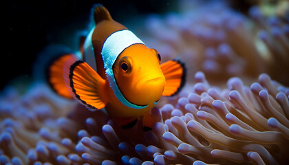 Obraz na płótnie Canvas Clown fish swimming in vibrant reef, showcasing natural underwater beauty generated by AI