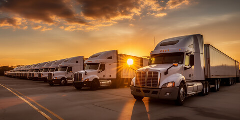 International center warehouse, logistic banner. Cargo trailers Trucks stand in row, sunset light - obrazy, fototapety, plakaty