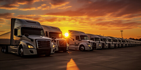 International center warehouse, logistic banner. Cargo trailers Trucks stand in row, sunset light - obrazy, fototapety, plakaty