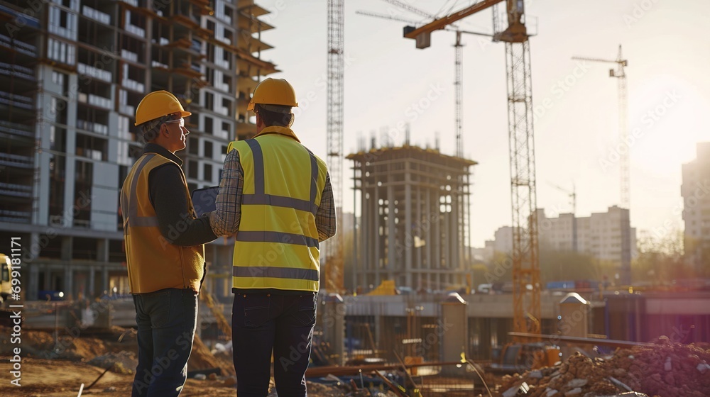 Poster Two Specialists Inspect Commercial, Industrial Building Construction Site. Real Estate Project with Civil Engineer