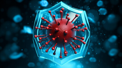 Concept healthcare protection, immune shield destroying virus, neon blue color.