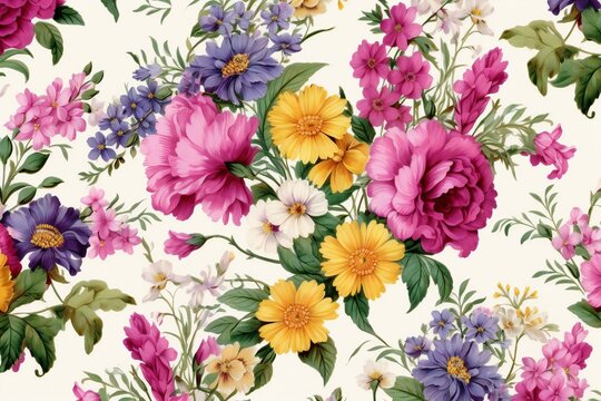 Seamless floral pattern with colorful flowers,  Watercolor illustration