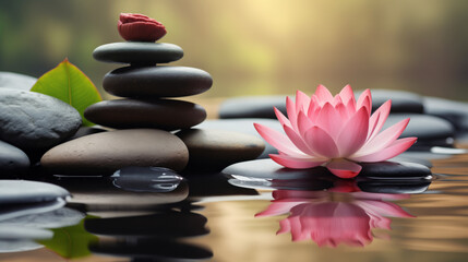 Pink water lily lotus flower with stones in water, bokeh background with copyspace. Concept spa relax, Buddha birthday.
