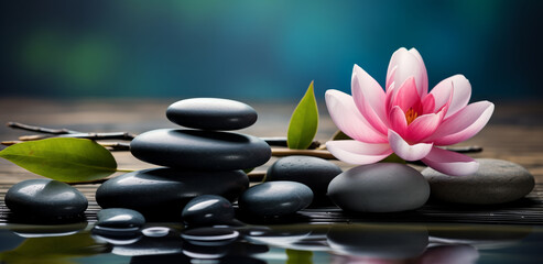 Fototapeta na wymiar Concept spa relax, Buddha nature. Pink water lily lotus flower with stones in water, bokeh background with copy space.