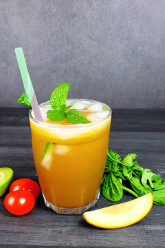 Healthy vegetarian drink in glass with mint, studio photo, Ai-generated