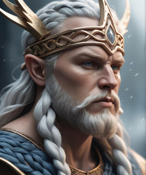 Nordic God Frigg - Close-up portrait of a powerful figure weaving the fates of men in a dynamic action scene Gen AI