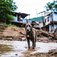 A homeless stray street dog stands in dirty water. Sad and lonely dog. Flooded city concept. Accident at a hydroelectric power station.