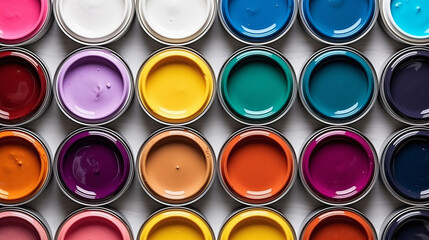 Flat lay open cans of color paint, top view. - obrazy, fototapety, plakaty