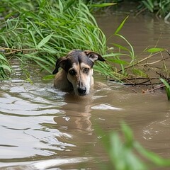 A homeless stray street dog swims in dirty water. Sad and lonely dog. Flooded city concept. Accident at a hydroelectric power station.