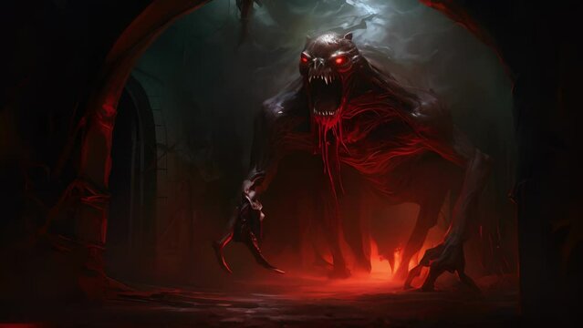 A monstrous creature rising from the depths of an ancient crypt its eyes glowing a malevolent red.