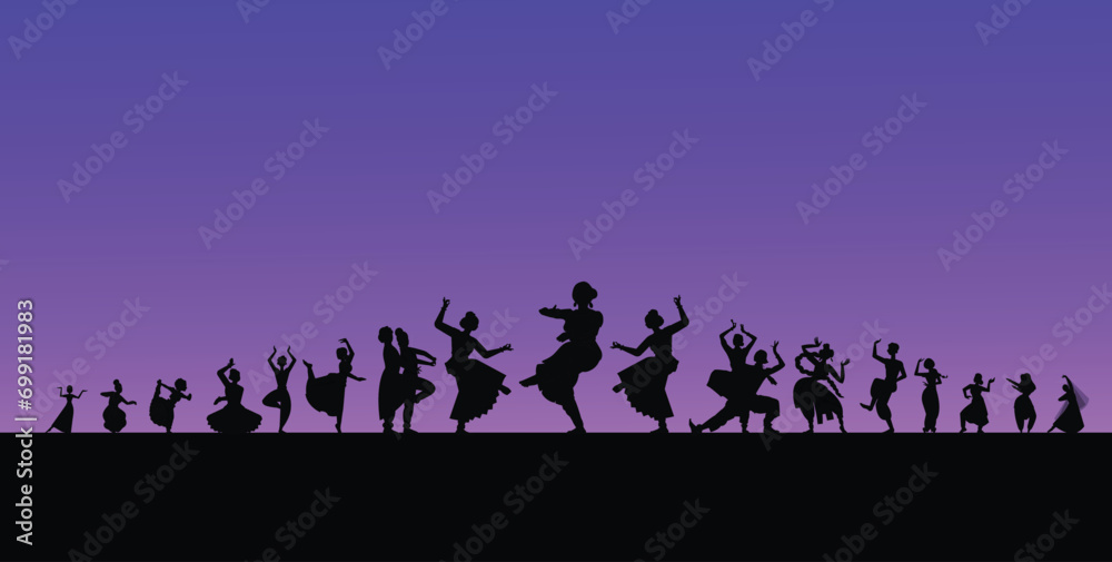 Wall mural set of woman dancer silhouette isolated on sun set background.