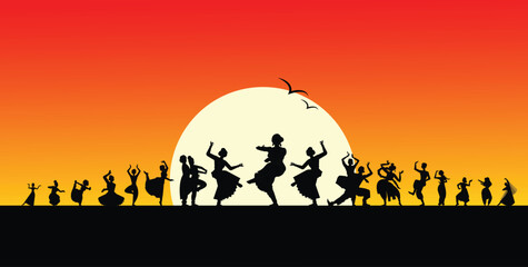 Fototapeta na wymiar Set of woman dancer silhouette isolated on sun set background.