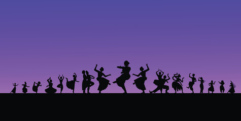 Set of woman dancer silhouette isolated on sun set background.