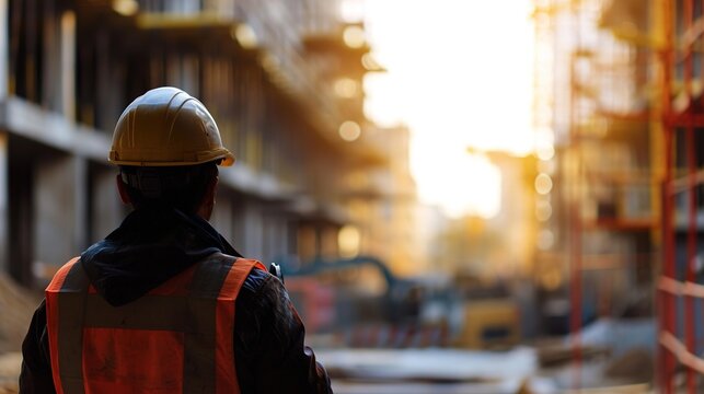 Worker and the blurred construction in background with space for your text