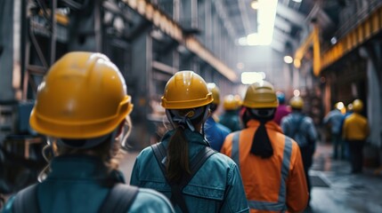 workers helmets at the factory, view from the back, group of workers, change of workers in the factory, people go in helmets and uniforms for an industrial enterprise