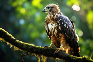 The regal Javan Hawk-Eagle perching majestically on a sturdy branch, in its natural habitat