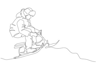 Boy sliding downhill with children snow scooter. Overcoming  obstacle on his way down. Side view. Continuous line drawing. Black and white vector in line art style.