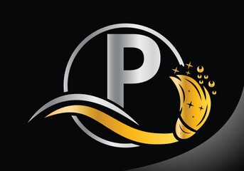 Letter P Cleaning logo, Cleaning brush logo Design Vector Template.
