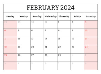 February 2024 ENGLISH month calendar. Vector printable illustration