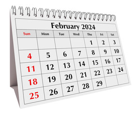 February 2024 calendar. Page of the annual business desk month calendar isolated on transparent png background