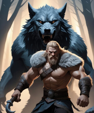 Close-up Portrait of Nordic God Tyr Facing Monstrous Wolf Fenrir - High-Resolution Flat Illustration Gen AI