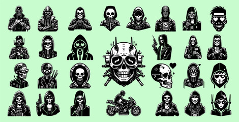 Mega set of black and white cyberpunk characters isolated on a light green background. Hackers, cyber warriors, motorcyclist and skulls