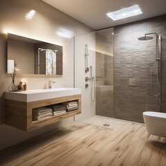 Interior of a modern bathroom, minimalist fixtures and a basin in a dark color