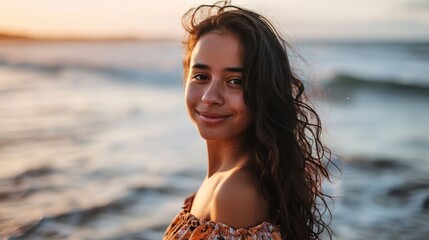 young woman at sea looking at camera. Smiling latin hispanic girl standing at the beach