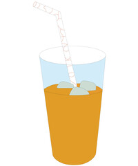 Glass of orange juice with ice and straw, isolated on white background