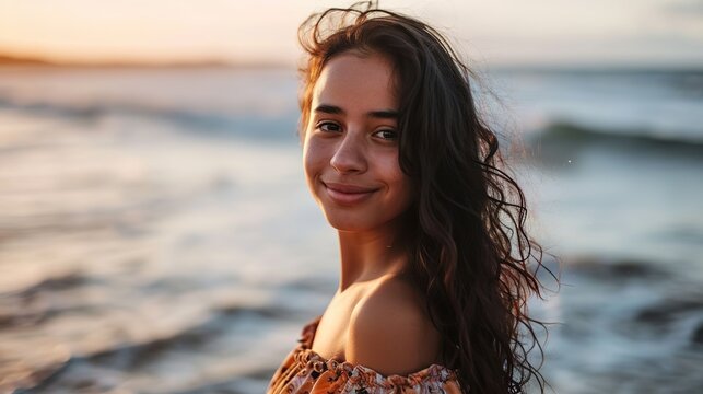 young woman at sea looking at camera. Smiling latin hispanic girl standing at the beach