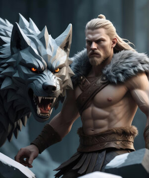 Illustration of Tyr, the Nordic god, in a dynamic action scene facing the monstrous wolf Fenrir - Abstract 3D sculpture forms geometric flat character design Gen AI