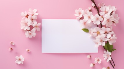 Greeting or invitation blank card, Copy space for text. Mock up template, Banner with flowers on light pink, wood background. Greeting card template for Wedding, mothers or womans day, Valentine's day