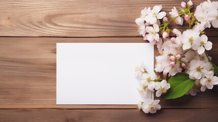 Greeting or invitation blank card, Copy space for text. Mock up template, Banner with flowers on light pink, wood background. Greeting card template for Wedding, mothers or womans day, Valentine's day