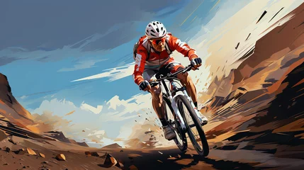 Tuinposter Watercolor abstract depiction of mountain biking. Bicycle racing action during colorful paint splash.AI generated. © Czintos Ödön