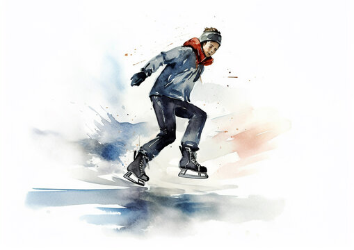 Ice skating. Ice skating as a sport or pastime in watercolor abstract style. Female skater in action during colorful paint splash, isolated on white background. AI generated.